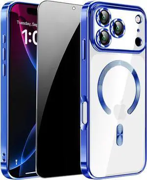 Magnetic for iPhone 17 Pro Max Case with Privacy Screen Protector & Full Camera Cover [Fit for MagSafe] [Non-Yellowing] Metal Glossy Soft Shockproof Clear Case for 17 ProMax Girl Women Blue