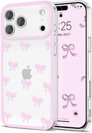Case for iPhone 17 Pro Max Clear Cute Ribbon Bowknot Pattern Aesthetic Transparent Phone Case Raised Camera Protection Stylish Slim Soft Durable TPU Protective Cover for Women Girls - Pink