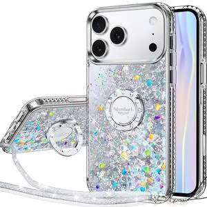 for iPhone 17 Pro Max Case Moving Liquid Holographic Sparkle Glitter Case with Kickstand Girls Women Bling Diamond Ring Protective Case for iPhone 17 Pro Max 6.9 - Clear Silver