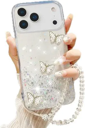 for iPhone 17 Pro Max Bling Case with Lanyard Cute 3D Butterfly Glitter Soft TPU Woman Girls Sparkle Shiny Slim Thin Phone Cover with Crystal Wrist Strap for iPhone 17 Pro Max 6.9 Clear