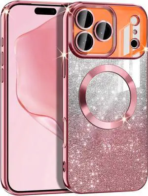 for iPhone 17 Pro Max Case Compatible with MagSafe Clear Magnetic Glitter Sparkle Luxury Plated Soft TPU Bumper Full Camera Lens Protector for  iPhone 17 Pro Max All Rose Gold