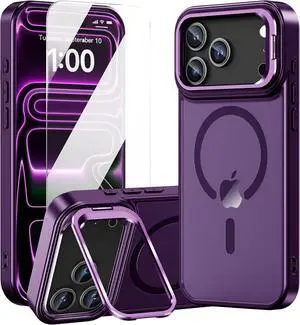 for iPhone 17 Pro Max Case with Stand Magnetic for iPhone 17 Pro Max Cases with Screen Protector Shockproof Kickstand Cover Compatible with Magsafe Matte Clear Cover for Woman Girls Purple