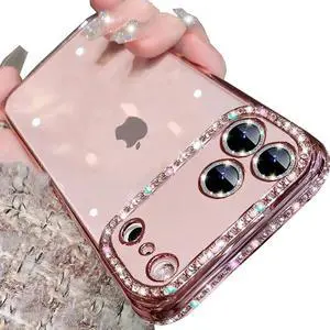 Clear Glitter Case for iPhone 17 Pro Max Cute Luxury Bling Sparkly Diamond Rhinestone with Camera Lens Protector TPU Plating Bumper Women Girls Slim Phone Case for iPhone 17 Pro Max 6.9 Pink