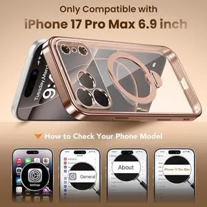 for iPhone 17 Pro Max Case with 360° Spin Magnetic Stand [Compatible with Magsafe] [Military Protection][Built-in Ring Holder] Camera Control Phone Case for 17 Pro Max Rose Gold/Clear