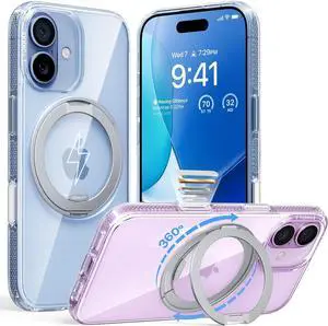 360 Magnetic Stand for iPhone 17 Case [Rotatable Sturdy Kickstand][Fit for MagSafe][4X Mil-Grade Shockproof] Slim Transparent Phone Cover Camera Button Crystal Clear Ostand O3 Fitness