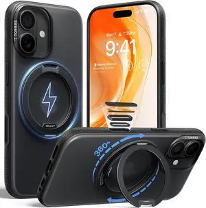 360 Magnetic Stand for iPhone 17 Case [Rotatable Sturdy Kickstand][Fit for MagSafe][4X Mil-Grade Shockproof] Slim Translucent Phone Cover Camera Button Obsidian Black Ostand O3 Fitness