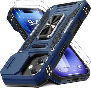 Case for iPhone 17 6.3-Inch with Slide Camera Cover + Screen Protector (2 Packs) Rotated Ring Kickstand Military Grade Shockproof Protective Cover-Navy Blue