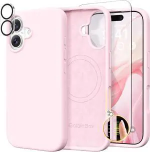 Magnetic for iPhone 17 Case Compatible with MagSafe Screen Protector + Camera Lens Protector Liquid Silicone Shockproof Phone Cover with Anti-Scratch Microfiber Lining Chalk Pink