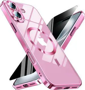 Magnetic for iPhone 17 Case with Privacy Screen Protector & Full Camera Cover [Non-Yellowing] Shockproof Clear Phone Case Compatible with MagSafe Women Girls for iPhone17 Hot Pink