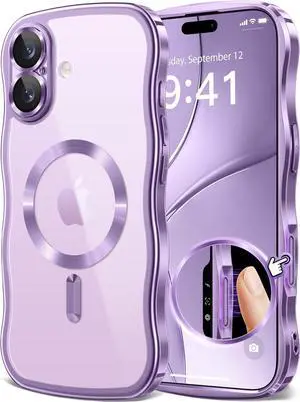 for iPhone 17 Case [Compatible with MagSafe][Upgraded Full Camera Protection][Cute Wave Frame] Plating Slim Shockproof Protective Magnetic Phone Case for iPhone 17 6.3 (Clear/Lilac Purple)
