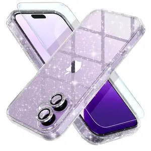Compatible for iPhone 17 Case Women Cute Clear Glitter Bling Sparkly Case [2 x Diamond Camera Lens Protectors] [2 x Tempered Glass Screen Protectors] 6.3-inch (Glitter Clear)