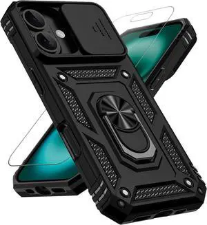 for iPhone 17 Case with Slide Camera Cover HD Screen Protector [Military Grade 16ft. Drop Tested] Ring Holder Kickstand Protective Phone Case for  iPhone 17 Black