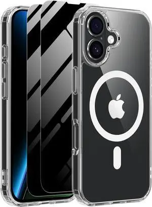Magnetic Case for iPhone 17 with 2 Privacy Screen Protector [Compatible with MagSafe] Non-Yellowing Shockproof Protective Phone Case for iPhone 17 Transparent