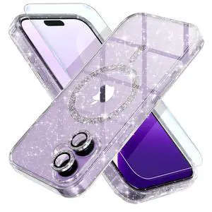 Magnetic for iPhone 17 Case Women Phone Case Compatible with Mag-Safe Cute Bling Sparkly Military Grade Drop Protection with Diamond Camera Lens Covers 6.3-inch Glitter Clear