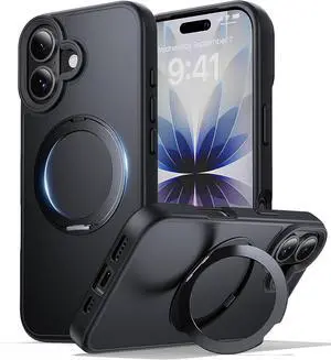 for iPhone 17 Case with Stand Black Fits MagSafe Ring Military-Grade Drop Protection Build in Kickstand Slim Matte Finish Shockproof Phone Cover 6.3