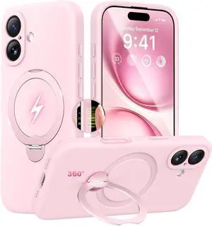 for iPhone 17 Case with 360° Spin Magnetic Stand [Compatible with MagSafe][Full Camera Protection] Full Body Shockproof Liquid Silicone Case with Ring Stand for iPhone 17 6.3 Pastel Pink