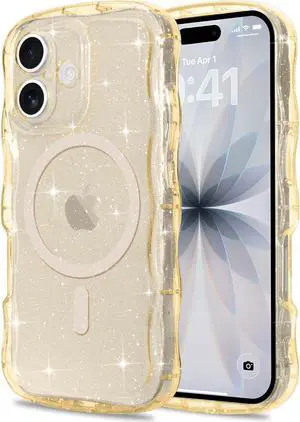 Magnetic for iPhone 17 Case Clear Sparkly Bling Glitter Cute Curly Wave Transparent Cover for Women Men Compatible with MagSafe TPU Shockproof Protective Phone Case for iPhone 17 Gold