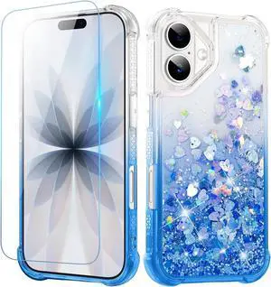 for iPhone 17 Case with Screen Protector Glitter Sparkle Flowing Quicksand Waterfall Flexible Soft TPU Protective Women Girls Phone Case for iPhone 17 6.3 inches Gradient Blue
