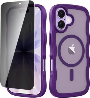 for iPhone 17 Women Case with Screen Protector[Compatible with MagSafe][Anti-Peeping]Translucent Cute Wave TPU Matte Cover Shockproof Drop Protection Magnetic Phone Case for iPhone 17 6.3-Purple