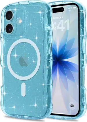 Magnetic for iPhone 17 Case Clear Sparkly Bling Glitter Cute Curly Wave Transparent Cover for Women Men Compatible with MagSafe TPU Shockproof Protective Phone Case for iPhone 17 Blue