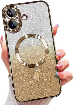 for iPhone 17 Case Compatible with MagSafe Built-in Camera Lens Protector Full Protection Elegant Soft TPU Anti-Scratch Anti-Scratch Magnetic Glitter Slim Case Cover 6.3 inch Gold