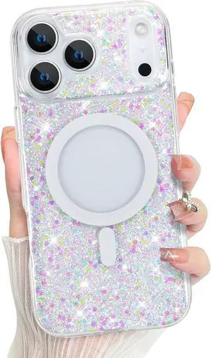 for iPhone 17 Pro Max Case 2025 Sparkly Glitter Bling Back Magnetic Support for MagSafe Shockproof Crystal and Clear High-Duty Protection for Girls Women-Sparkly Glitter