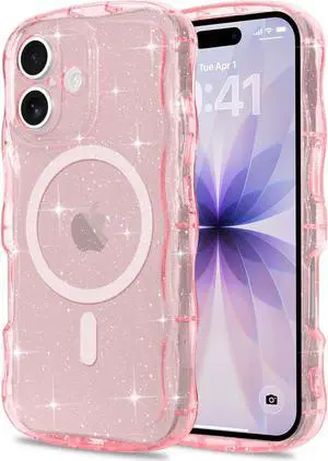 Magnetic for iPhone 17 Case Clear Sparkly Bling Glitter Cute Curly Wave Transparent Cover for Women Men Compatible with MagSafe TPU Shockproof Protective Phone Case for iPhone 17 Pink