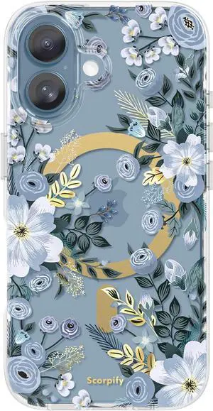 for iPhone 17 Case [Compatible with MagSafe] with Blue Nemophila Floral Design Cute Clear Flower Magnetic Phone Cover for Women Girls [Non Yellowing] Slim Bumper with Gold Accents