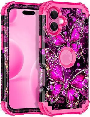 for iPhone 17 Case Glow in The Dark Three Layer Heavy Duty Sturdy Shockproof Full Protection Rugged Hard PC+Soft TPU Bumper Case for  iPhone 17 6.3 inch All Hot Pink