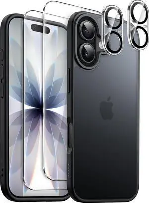 5 in 1 Matte Case for iPhone 17 6.3-Inch with 2-Pack Each Tempered Glass Screen Protector and Camera Lens Protector Translucent Back Shockproof Phone Cover (Black)