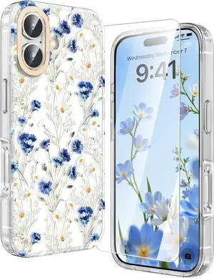 Compatible with iPhone 17 Flowers Case 6.3 inch Cute Pretty Floral Pattern Clear Girly Design for Women Girls Elegant Aesthetic Classy Shockproof Hard Back Cover - Blue White Daisy