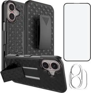 Designed for iPhone 17 Case with Stand iPhone 17 Belt Clip Holster with Camera Lens&Screen Protector Swivel 2-in-1 Holder Slim Shockproof Pouch Full Body Protective Cell Phone Cover-Black