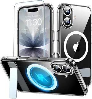 for iPhone 17 Case with Kickstand [Compatible with Magsafe][1*Screen Protector] Military-Grade Protection & Anti-Yellowing Magnetic Phone Case for iPhone 17 Clear