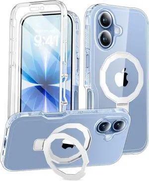 Compatible with iPhone 17 Case Built-in Screen Protector & Seamless Stand with Camera Lens Protector Strong Magnetic Clear Phone Case Full Body Protective Cover for 6.3 (Clear)
