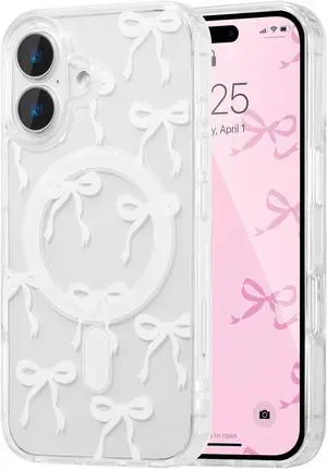 Magnetic for iPhone 17 Case Bow Case Compatible with MagSafe Wireless Slim Clear Ribbon Aesthetic Phone Cover Anti-Yellowing Shockproof Protective Cover for Women Girl - White