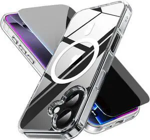 for iPhone 17 Case Clear with Privacy Screen Protector [Non-Yellowing] [Compatible with MagSafe] Magnetic for iPhone 17 Case Shockproof Slim Phone Case for 17 6.3 5G 2025 Cover-Transparent