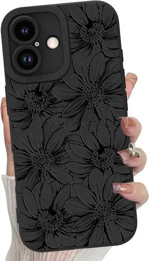 for iPhone 17 Case 2025 Case Silicone Sunflowers Floral Flowers Cute Pattern Camera Protection Slim Soft Phone Cover for Girls Women -Black
