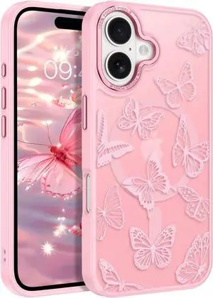 for iPhone 17 Case Cute Butterfly Pattern Magnetic Case [Compatible with MagSafe] Translucent Matte Slim Shockproof Women Girls Protective Cover for iPhone 17 6.3 Pink