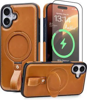 for iPhone 17 Case Leather | iPhone 17 Leather Case with Stand | Compatible with MagSafe with Magnetic Ring Grip Holder (Brown IP17-6.3inch)