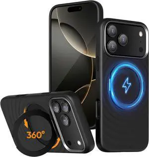 Silicone 360 Spin for iPhone 17 Pro Max Case with Stand Compatible with Magsafe Magnetic Ring Kickstand Liquid Silicone Rubber Drop Protection Phone Case for iPhone 17 Pro Max (Black)