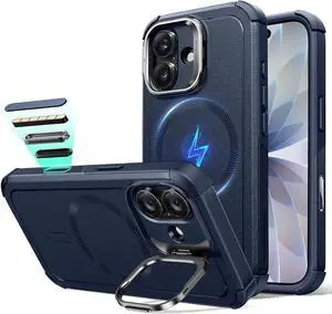 for iPhone 17 Case with Stash Stand 7X Military-Grade Drop Protection with Camera Control Shock-Absorbing Phone Rugged Cover Compatible with MagSafe Accessories Cyber Series Blue