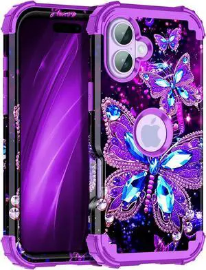 for iPhone 17 Case Glow in The Dark Three Layer Heavy Duty Shockproof Protection Hard Plastic Bumper+Soft Silicone Case for iPhone 17 Dark Butterfly