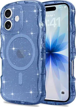 Magnetic for iPhone 17 Case Clear Sparkly Bling Glitter Cute Curly Wave Transparent Cover for Women Girls Compatible with MagSafe TPU Shockproof Protective Phone Case for iPhone 17 Deep Blue