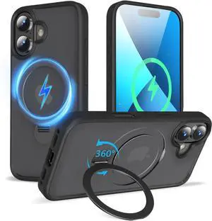 2025 Upgraded 360° Rotatable Magnetic Ring Stand for iPhone 17 Case Compatible with MagSafe Military Drop Protection Shockproof Matte Translucent Case for iPhone 17 6.3 Black