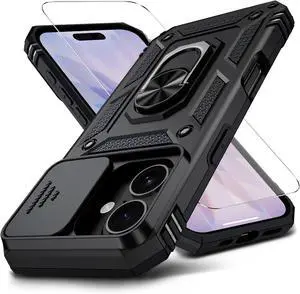 for iPhone 17 Case with HD Screen Protector & Slide Camera Cover & Rotated Ring Kickstand [Military-Grade] Rugged Heavy Duty Protective Phone Case for iPhone 17 6.3 inch Black