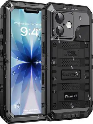 for iPhone 17 Case Waterproof Heavy Duty Metal Full Body Protection Built-in Screen Protector Military Grade Shockproof Dustproof Rugged Cover for iPhone 17 6.3 inch Black