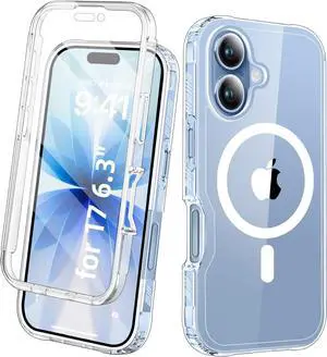 Compatible with iPhone 17 Case Clear Built-in Screen Protector [Compatible with MagSafe] Full Body Rugged Phone Case Shockproof Protective Magnetic Cover for iphone17 6.3 (Clear)