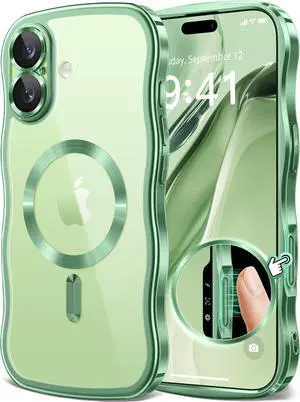 for iPhone 17 Case [Compatible with MagSafe][Upgraded Full Camera Protection][Cute Wave Frame] Plating Slim Shockproof Protective Magnetic Phone Case for iPhone 17 6.3 (Clear/Green)