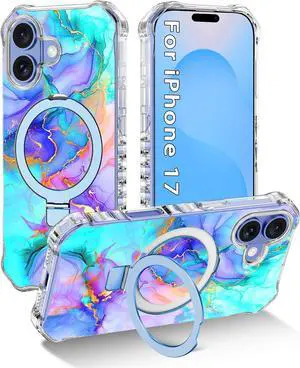 for iPhone 17 Case [Compatible with MagSafe][Invisible Magnetic Ring Stand] Slim Iridescent Wavy Women Girls Case for  iPhone 17 6.3(2025) All Blue Marble