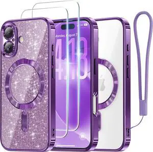 Designed for iPhone 17 Case 6.3 [Glitter Card & Wrist Strap] [Compatible with MagSafe] [2X HD Screen Protectors] Surround Raised Lens Protection for iPhone 17 Case 6.3 Inch Purple